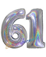 Zahl 61, holografisch, Silber, Luftballons aus Folie zum 61. Geburtstag, 100 cm, inklusive Helium