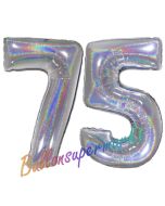 Zahl 75, Holografisch, Silber, Luftballons aus Folie zum 75. Geburtstag, 100 cm, inklusive Helium