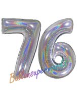 Zahl 76, Holografisch, Silber, Luftballons aus Folie zum 76. Geburtstag, 100 cm, inklusive Helium