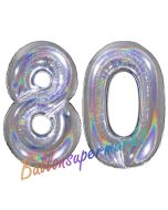 Zahl 80, holografisch, Silber, Luftballons aus Folie zum 80. Geburtstag, 100 cm, inklusive Helium