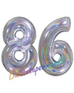 Zahl 86, holografisch, Silber, Luftballons aus Folie zum 86. Geburtstag, 100 cm, inklusive Helium