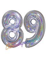 Zahl 89, holografisch, Silber, Luftballons aus Folie zum 89. Geburtstag, 100 cm, inklusive Helium
