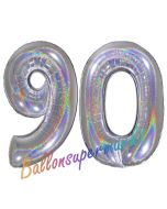 Zahl 90, holografisch, Silber, Luftballons aus Folie zum 90. Geburtstag, 100 cm, inklusive Helium