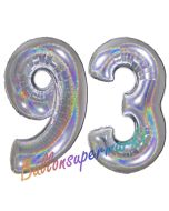 Zahl 93, holografisch, Silber, Luftballons aus Folie zum 93. Geburtstag, 100 cm, inklusive Helium