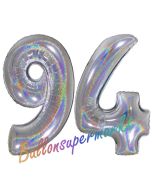 Zahl 94, holografisch, Silber, Luftballons aus Folie zum 94. Geburtstag, 100 cm, inklusive Helium