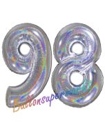 Zahl 98, holografisch, Silber, Luftballons aus Folie zum 98. Geburtstag, 100 cm, inklusive Helium
