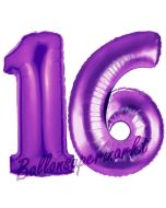 Zahl 16, Lila, Luftballons aus Folie zum 16. Geburtstag, 100 cm, inklusive Helium