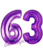 Zahl 63, Lila, Luftballons aus Folie zum 63. Geburtstag, 100 cm, inklusive Helium