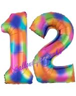 Zahl 12 Regenbogen, Zahlen Luftballons aus Folie zum 12. Geburtstag, inklusive Helium