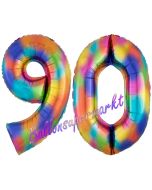 Zahl 90 Regenbogen, Zahlen Luftballons aus Folie zum 90. Geburtstag, inklusive Helium