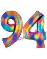 Zahl 94 Regenbogen, Zahlen Luftballons aus Folie zum 94. Geburtstag, inklusive Helium