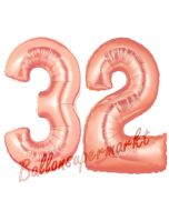 Zahl 32, Rosegold, Luftballons aus Folie zum 32. Geburtstag, 100 cm, inklusive Helium