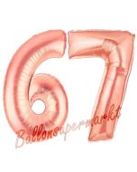 Zahl 67, Rosegold, Luftballons aus Folie zum 67. Geburtstag, 100 cm, inklusive Helium