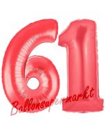 Zahl 61, Rot, Luftballons aus Folie zum 61. Geburtstag, 100 cm, inklusive Helium