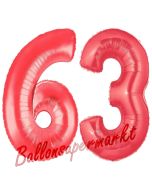 Zahl 63, Rot, Luftballons aus Folie zum 63. Geburtstag, 100 cm, inklusive Helium