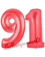Zahl 91, Rot, Luftballons aus Folie zum 91. Geburtstag, 100 cm, inklusive Helium