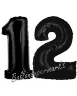 Zahl 12 Schwarz, Luftballons aus Folie zum 12. Geburtstag, 100 cm, inklusive Helium