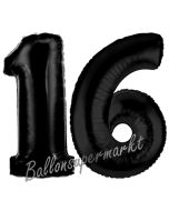 Zahl 16 Schwarz, Luftballons aus Folie zum 16. Geburtstag, 100 cm, inklusive Helium