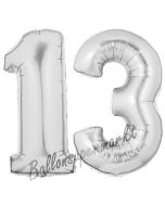 Zahl 13 Silber, Luftballons aus Folie zum 13. Geburtstag, 100 cm, inklusive Helium