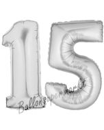Zahl 15 Silber, Luftballons aus Folie zum 15. Geburtstag, 100 cm, inklusive Helium