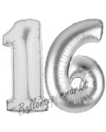 Zahl 16, Silber, Luftballons aus Folie zum 16. Geburtstag, 100 cm, inklusive Helium