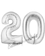 Zahl 20, Silber, Luftballons aus Folie zum 20. Geburtstag, 100 cm, inklusive Helium