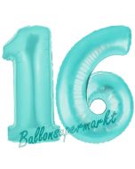 Zahl 16, Türkis, Luftballons aus Folie zum 16. Geburtstag, 100 cm, inklusive Helium
