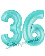 Zahl 36 Türkis, Luftballons aus Folie zum 36. Geburtstag, 100 cm, inklusive Helium