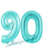 Zahl 90, Türkis, Luftballons aus Folie zum 90. Geburtstag