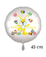 Osterhasen Luftballon, Osterhase jongliert mit Ostereiern, weißer Rundluftballon mit Helium, Frohe Ostern