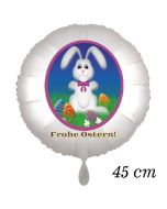 Osterhasen Luftballon, Osterhase mit Ostereiern auf der Frühlingswiese, weißer Rundluftballon mit Helium, Frohe Ostern