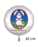 Osterhasen Luftballon, Osterhase mit Ostereiern auf der Frühlingswiese, weißer Rundluftballon ohne Helium, Frohe Ostern