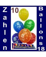 Luftballons zum 18. Geburtstag, Zahlenballons aus Latex, Zahl 18, 10 Stück