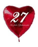Zum 27. Geburtstag, roter Herzluftballon mit Helium