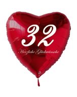 Zum 32. Geburtstag, roter Herzluftballon mit Helium