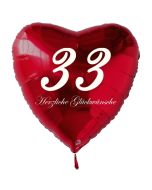 Zum 33. Geburtstag, roter Herzluftballon mit Helium