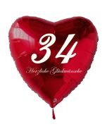 Zum 34. Geburtstag, roter Herzluftballon mit Helium