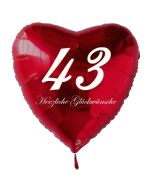 Zum 43. Geburtstag, roter Herzluftballon mit Helium