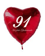 Zum 91. Geburtstag, roter Herzluftballon mit Helium