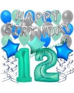 12. Geburtstag Dekorations-Set mit Ballons Happy Birthday Aquamarin, 34 Teile