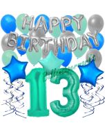 13. Geburtstag Dekorations-Set mit Ballons Happy Birthday Aquamarin, 34 Teile