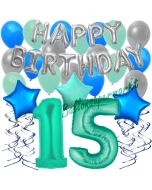 15. Geburtstag Dekorations-Set mit Ballons Happy Birthday Aquamarin, 34 Teile
