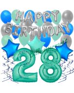 28. Geburtstag Dekorations-Set mit Ballons Happy Birthday Aquamarin, 34 Teile