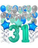 31. Geburtstag Dekorations-Set mit Ballons Happy Birthday Aquamarin, 34 Teile