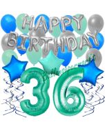 36. Geburtstag Dekorations-Set mit Ballons Happy Birthday Aquamarin, 34 Teile