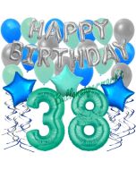 38. Geburtstag Dekorations-Set mit Ballons Happy Birthday Aquamarin, 34 Teile