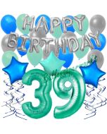 39. Geburtstag Dekorations-Set mit Ballons Happy Birthday Aquamarin, 34 Teile