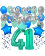 41. Geburtstag Dekorations-Set mit Ballons Happy Birthday Aquamarin, 34 Teile