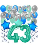 43. Geburtstag Dekorations-Set mit Ballons Happy Birthday Aquamarin, 34 Teile