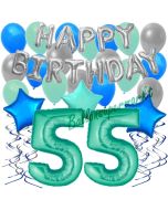 55. Geburtstag Dekorations-Set mit Ballons Happy Birthday Aquamarin, 34 Teile